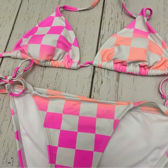 Checkered Neon Pink and Orange String Bikini Set - Picture 2 of 4
